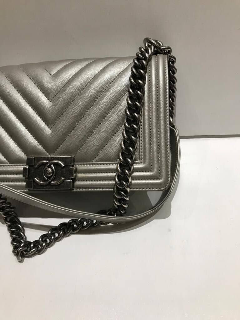 Chanel Metallic Silver Lambskin Chevron Boy Bag - Luxury designerwear for  less!
